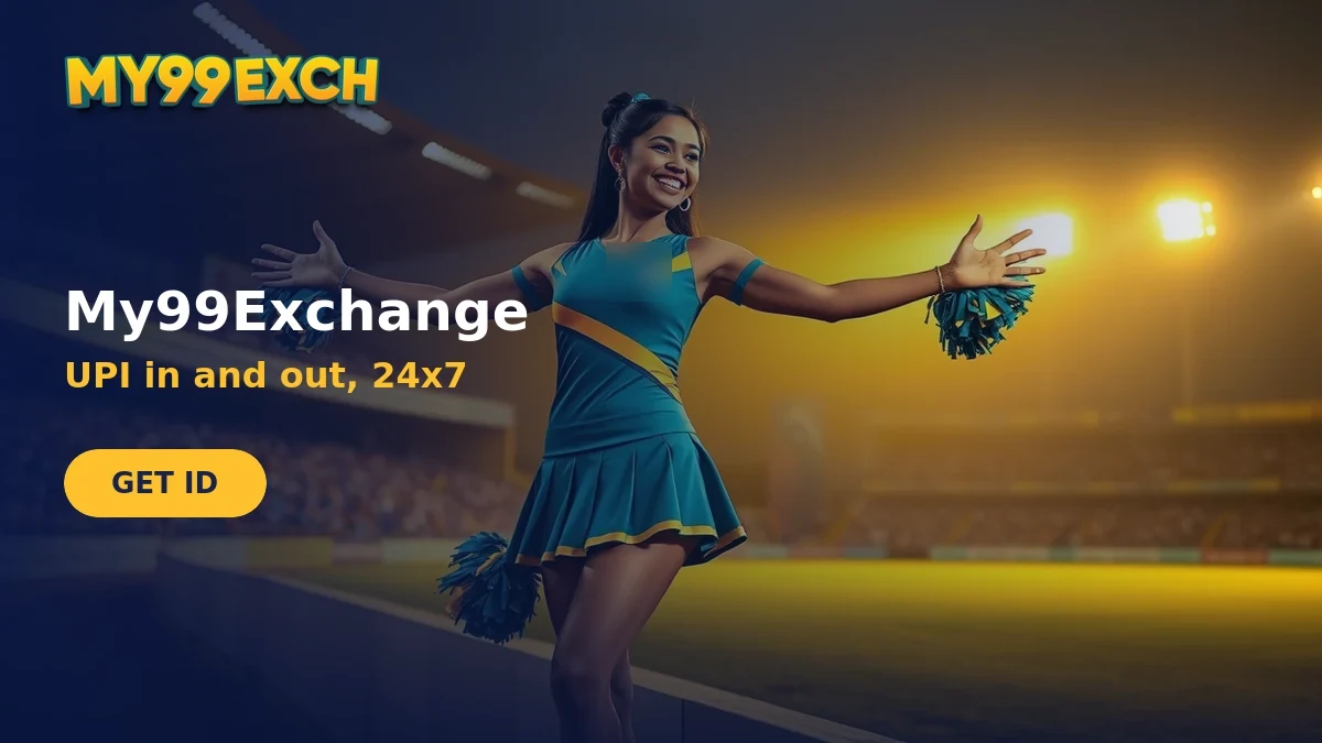 My99Exchange cheerleader welcoming users at a floodlit cricket stadium